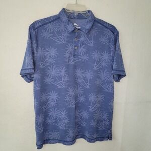 Tommy Bahama Polo Shirt Mens Large Palm Tree Print Blue Short Sleeve Tencel Flaw